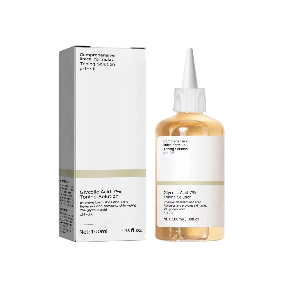 A 100ml bottle of Glycolic Acid 7% Toning Solution next to its white and light beige cardboard packaging box, set against a plain white background.